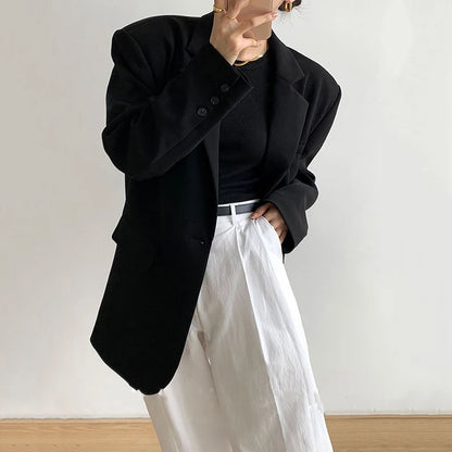 Blazer Feminino Preto com Botão Único – Office Fashion com Estilo Y2K e Toque Coreano
