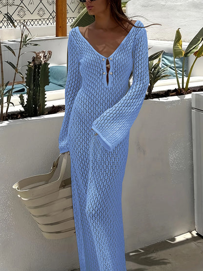 Saída de Praia Branca Sexy – Vestido Transparente com Manga Longa, Decote Profundo e Costas Nuas