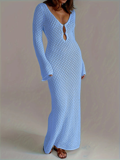 Saída de Praia Branca Sexy – Vestido Transparente com Manga Longa, Decote Profundo e Costas Nuas