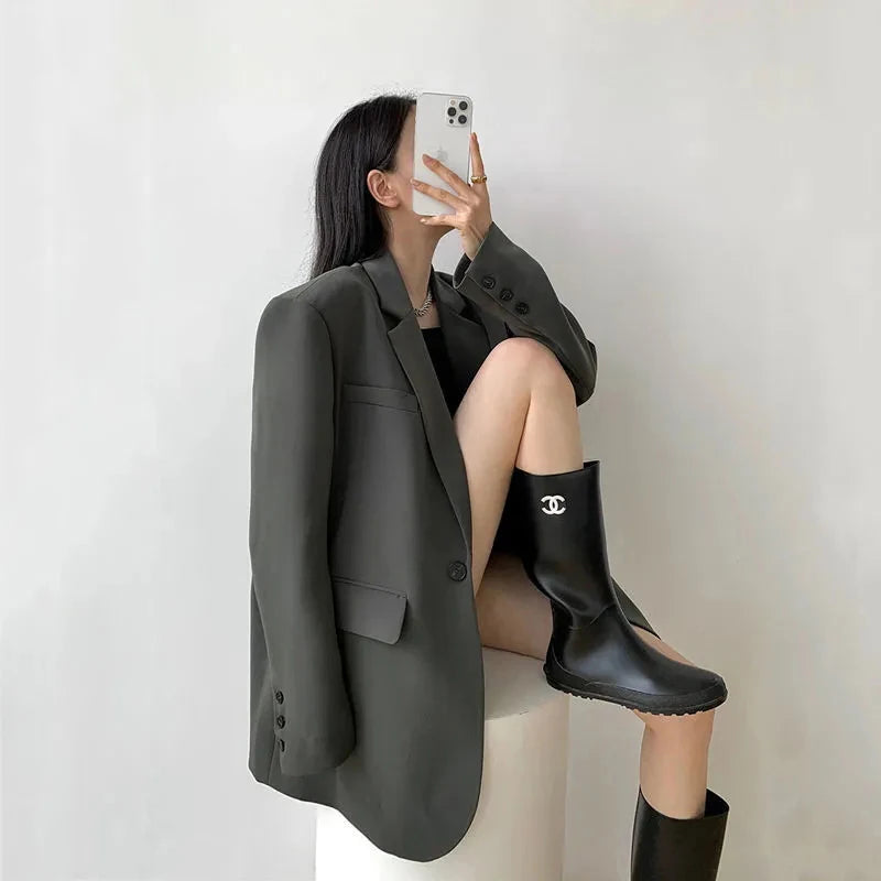 Blazer Feminino Preto com Botão Único – Office Fashion com Estilo Y2K e Toque Coreano