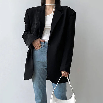 Blazer Feminino Preto com Botão Único – Office Fashion com Estilo Y2K e Toque Coreano