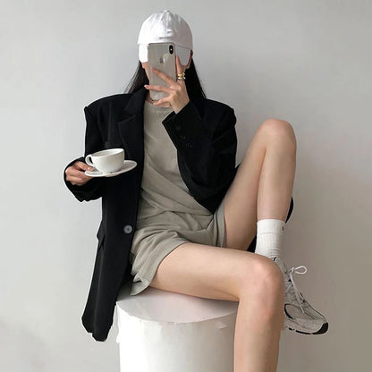 Blazer Feminino Preto com Botão Único – Office Fashion com Estilo Y2K e Toque Coreano
