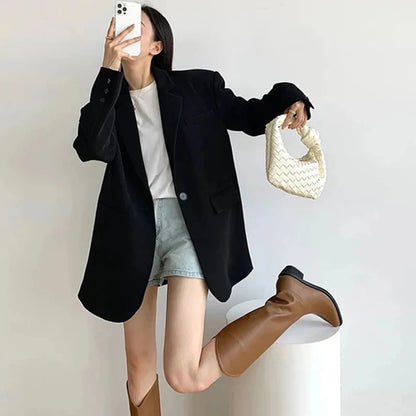 Blazer Feminino Preto com Botão Único – Office Fashion com Estilo Y2K e Toque Coreano