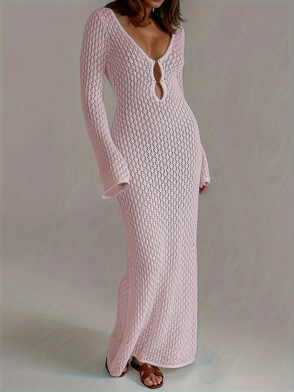 Saída de Praia Branca Sexy – Vestido Transparente com Manga Longa, Decote Profundo e Costas Nuas